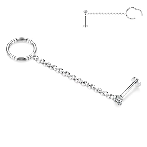 AROWRO 16G Kettenohrringe Conch Ohrringe für Frauen Double Piercing Dangle Kette Knorpel Ohrringe Cubic Zirkonia Labret Stud Ear 316L Chirurgenstahl Nasenring 8mm Bar Silber von AROWRO