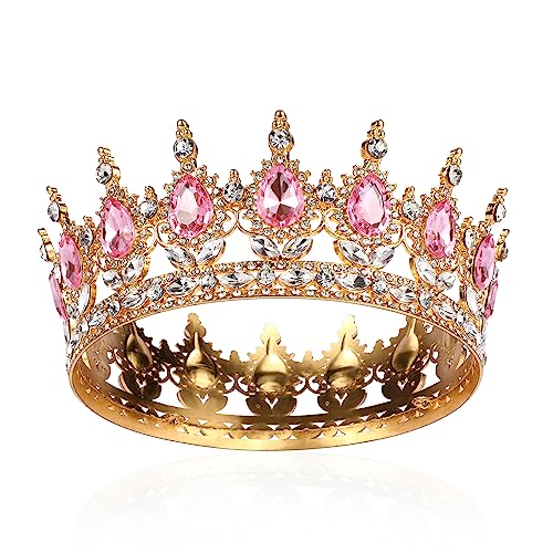 AROWRO Krone Mädchen Damen Voll Runde Braut Diadem Kristall Königin Krone Barock Tiara Sparkly Pink Strass Prinzessin Kostüm Hochzeit Prom Geburtstag Pageant Party Tortenaufsatz Karneval Kopfschmuck von AROWRO