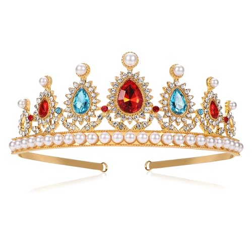 Kristall Perle Krone Mädchen Damen Diadem Rot Blau Strass Prinzessin Krone für Halloween Cosplay Braut Hochzeit Haar Zubehör Prom Feiern Geburtstag Kommunion Cake Topper von AROWRO