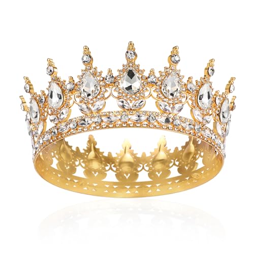 Krone Mädchen Damen Voll Runde Braut Diadem Kristall Königin Krone Barock Gold Tiara Sparkly Klar Strass Prinzessin Kostüm Hochzeit Prom Geburtstag Pageant Party Tortenaufsatz Karneval Kopfschmuck von AROWRO