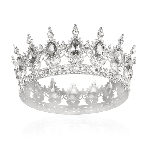 Krone Mädchen Damen Voll Runde Braut Diadem Kristall Königin Krone Barock Silber Tiara Sparkly Klar Strass Prinzessin Kostüm Hochzeit Prom Geburtstag Pageant Party Tortenaufsatz Karneval Kopfschmuck von AROWRO