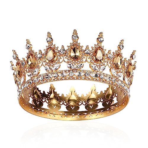 AROWRO Krone Mädchen Damen Voll Runde Braut Diadem Kristall Königin Krone Barock Tiara Sparkly Gold Strass Prinzessin Kostüm Hochzeit Prom Geburtstag Pageant Party Tortenaufsatz Karneval Kopfschmuck von AROWRO
