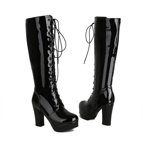 ARPINO Damen Blockabsatz Plateau Kniehohe Stiefel Schnüren Lack Leder Langschaft Stiefel,Schwarz,44 EU von ARPINO