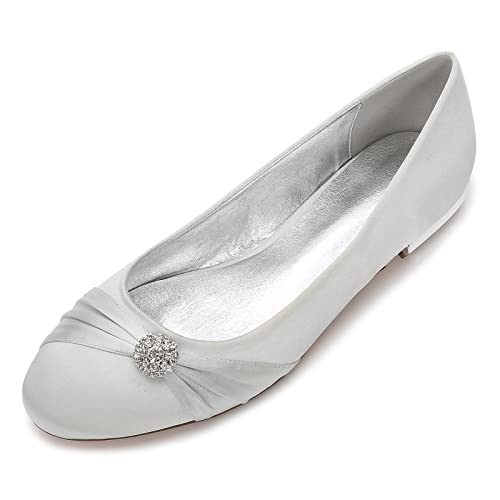 ARPINO Damen Braut Ballerinas Runde Zehen Satin Flache Hochzeitsschuhe Mit Strass,Silber,41 EU von ARPINO