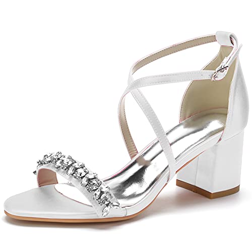 Frauen Stämmiger Absatz Sandalen Strass Hochzeitsschuhe für Braut Abend Party Formale Pumps,Weiß,39 EU von ARPINO