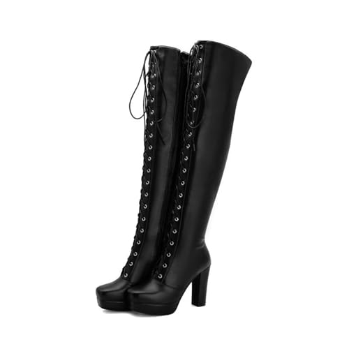 Gothic Stiefel Damen Lang Stiefel Winter Lederstiefel Schnür Hoher Absatz Kniehöhe Plateaustiefel,Schwarz,39 EU von ARPINO