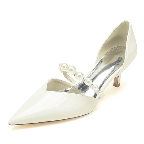 Mittlere High Heel Hochzeit Schuhe für Frauen Spitze Spitze Braut Lack Kitty Heels mit Perlen,Elfenbein,39 EU von ARPINO