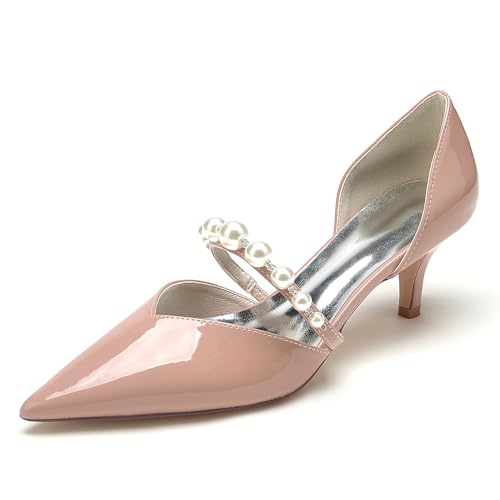 Mittlere High Heel Hochzeit Schuhe für Frauen Spitze Spitze Braut Lack Kitty Heels mit Perlen,Rosa,39 EU von ARPINO