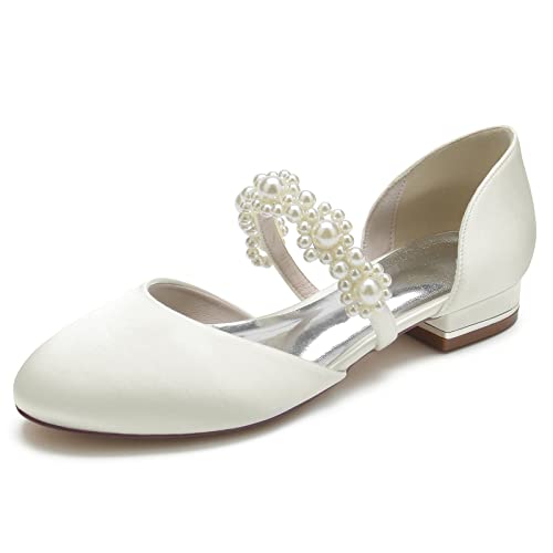 Runde Zehen Hochzeit Schuhe Satin Perle Braut Flache Schuhe für Frauen,Elfenbein,41 EU von ARPINO