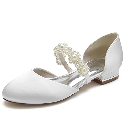 Runde Zehen Hochzeit Schuhe Satin Perle Braut Flache Schuhe für Frauen,Weiß,41 EU von ARPINO