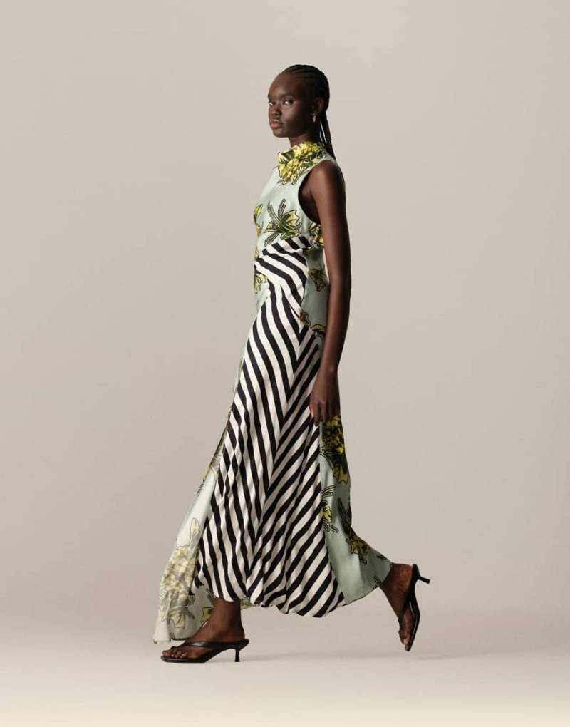 ARRANGE - Ärmelloses Maxikleid mit Blumenprint und Streifen sowie Wasserfallausschnitt-Bunt von ARRANGE