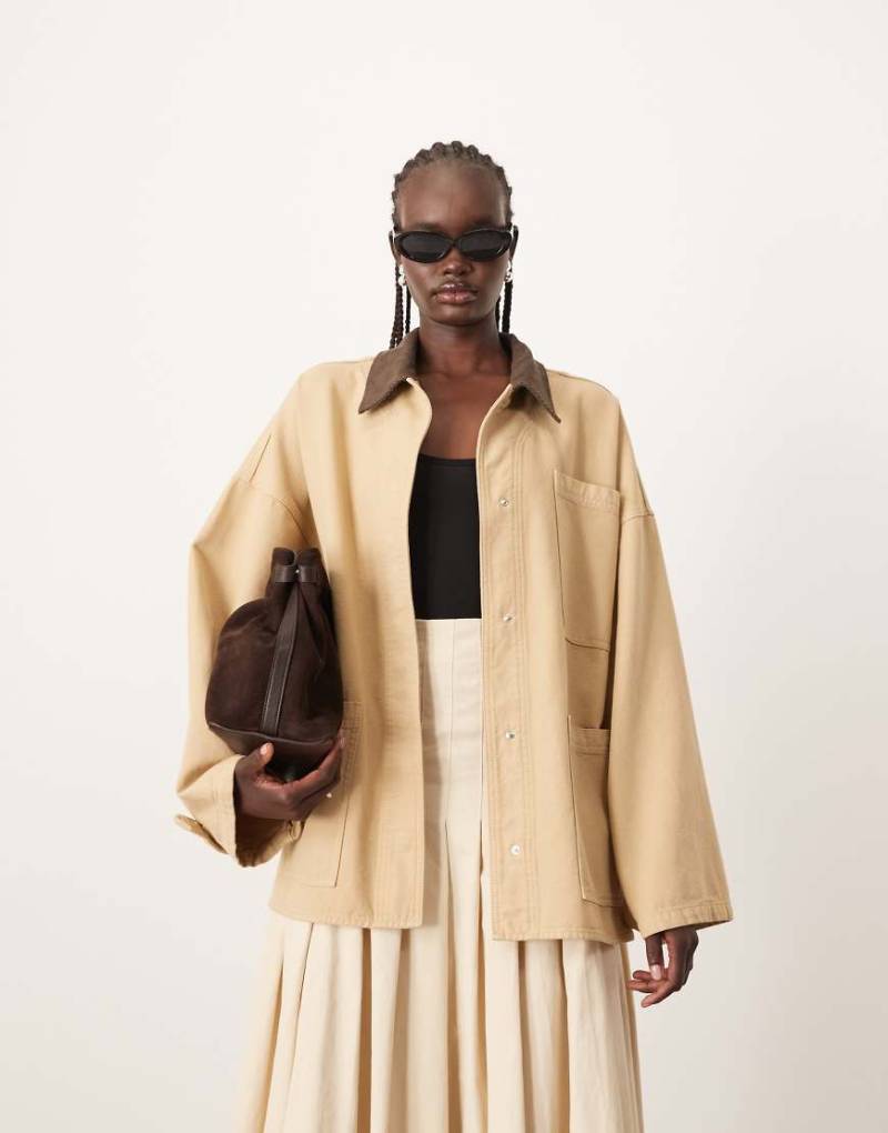 ARRANGE - Barn - Oversize-Hemdjacke in Camel aus Canvas mit Cordkragen-Braun von ARRANGE