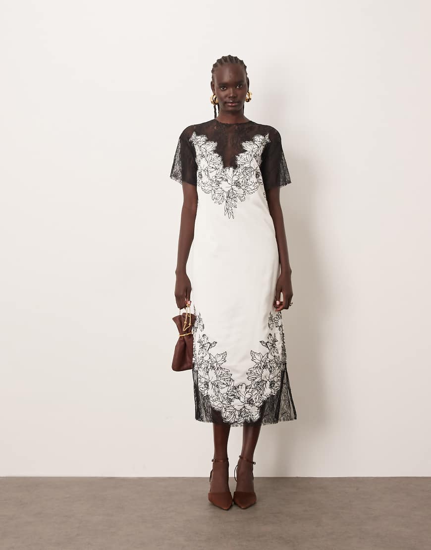 ARRANGE - Besticktes Midi-Säulenkleid aus Satin in Elfenbeinweiß mit Spitzenapplikation von ARRANGE