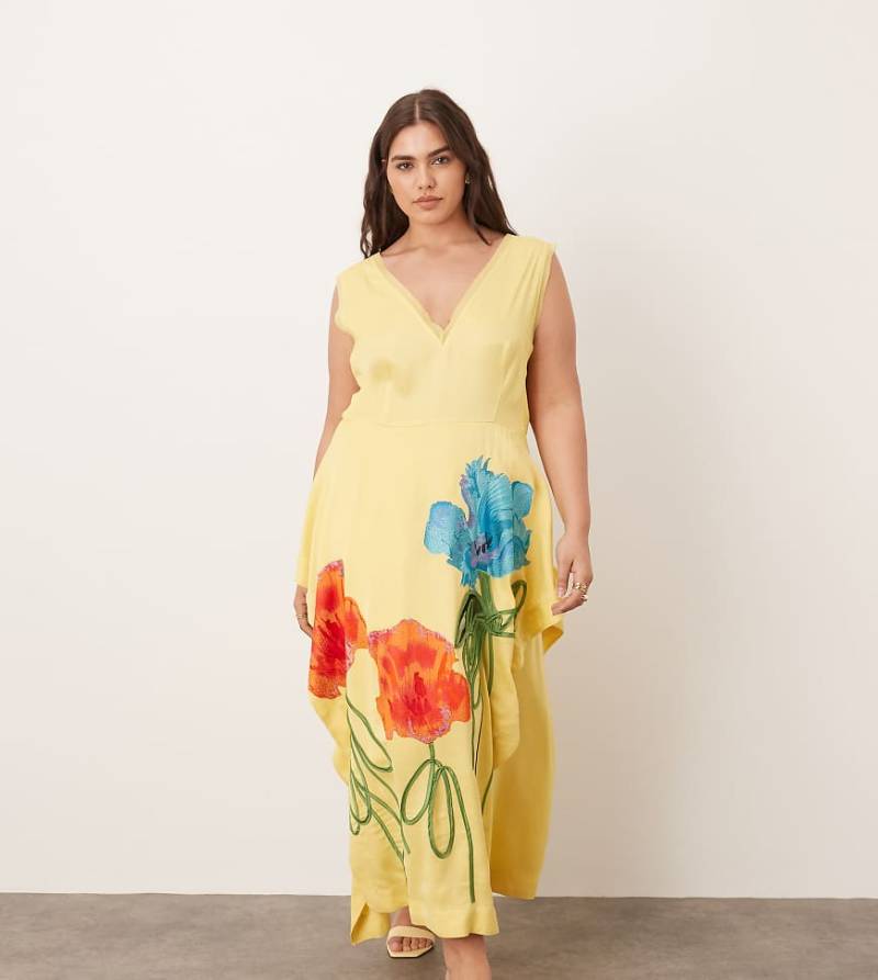 ARRANGE Curve - Ärmelloses Midaxi-Kleid in Gelb mit Blumen-Stickerei und Seitenschlitzen von ARRANGE