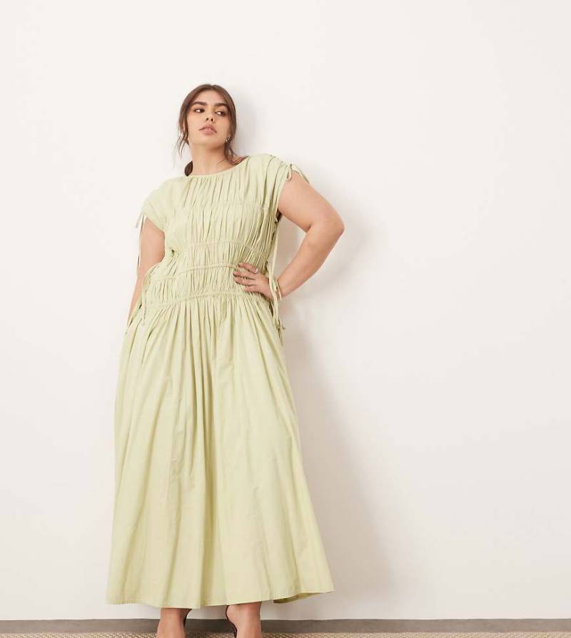 ARRANGE Curve - Ausgestelltes Midikleid aus Baumwolle in verwaschenem Salbeigrün mit Kordelzug und Taschen-Gelb von ARRANGE