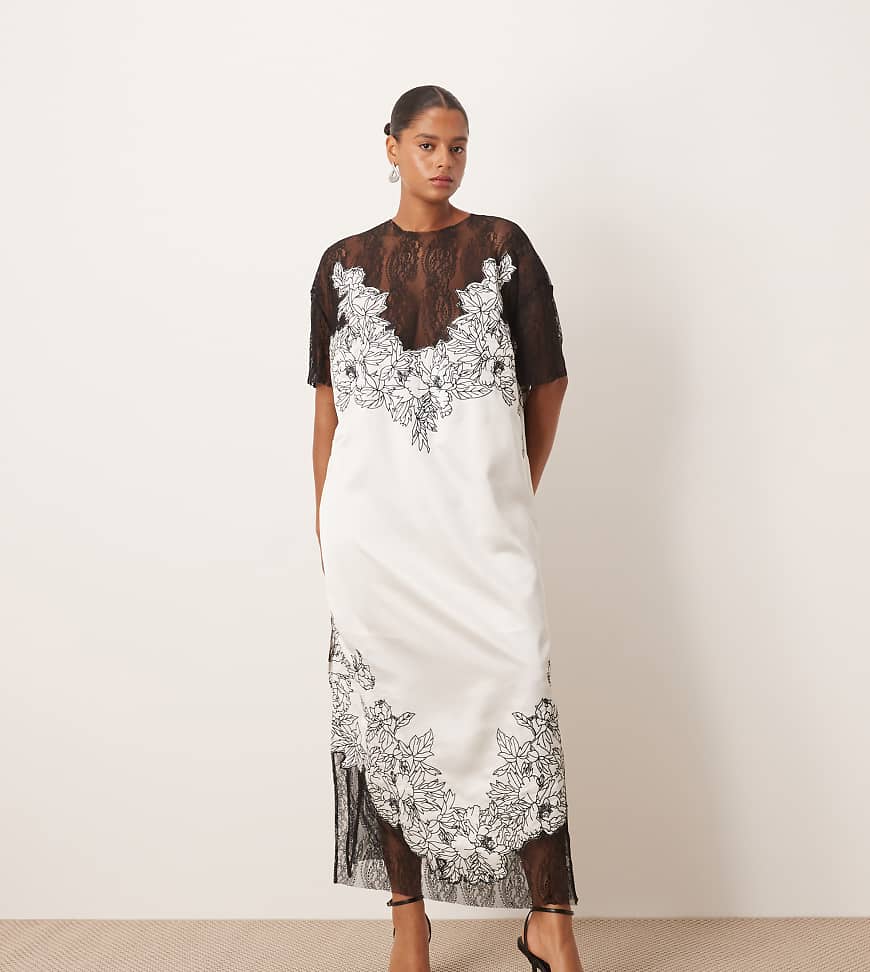 ARRANGE Curve - Besticktes Midi-Säulenkleid aus Satin in Elfenbeinweiß mit Spitzenapplikation von ARRANGE