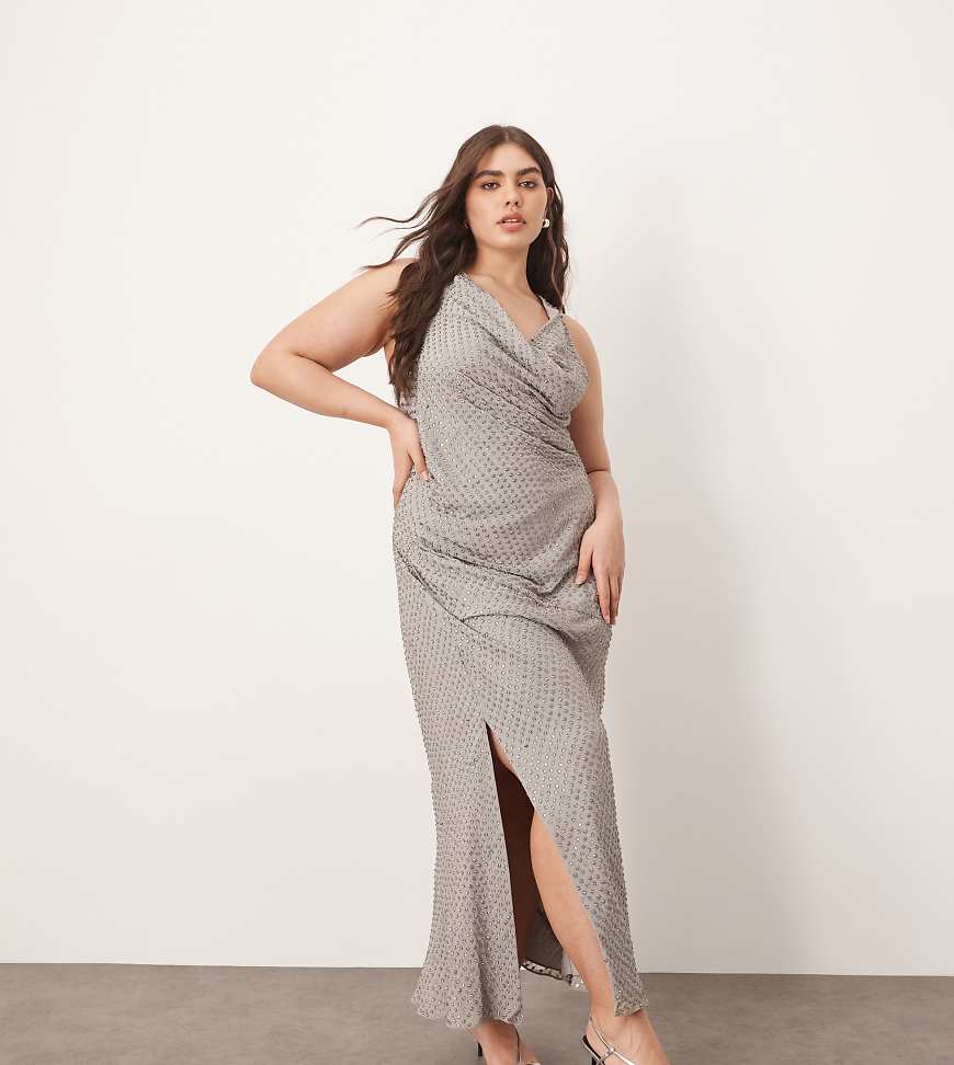 ARRANGE Curve - Drapiertes Maxikleid in Silbergrau mit Strassverzierung und verdrehtem Detail von ARRANGE