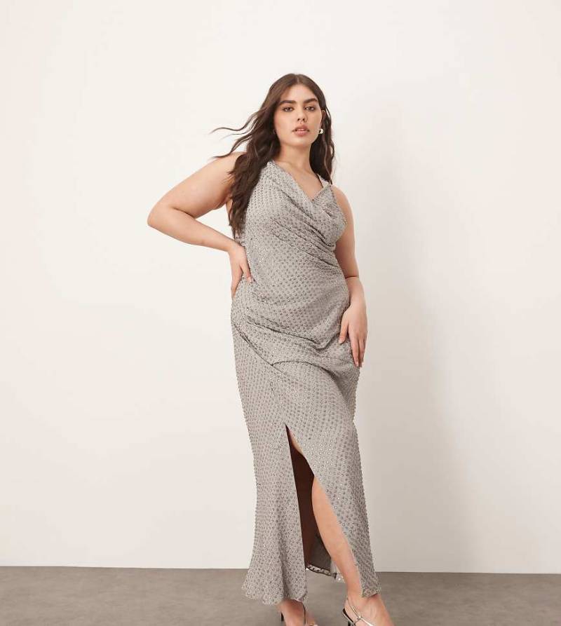 ARRANGE Curve - Drapiertes Maxikleid in Silbergrau mit Strassverzierung und verdrehtem Detail von ARRANGE