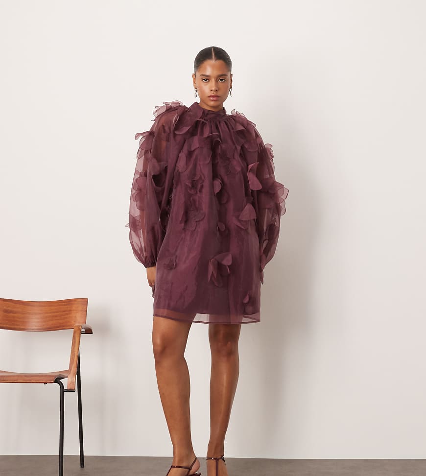 ARRANGE Curve Exklusiv - Hochgeschlossenes Trapez-Minikleid aus Organza in Pflaume mit Blumenapplikationen-Lila von ARRANGE