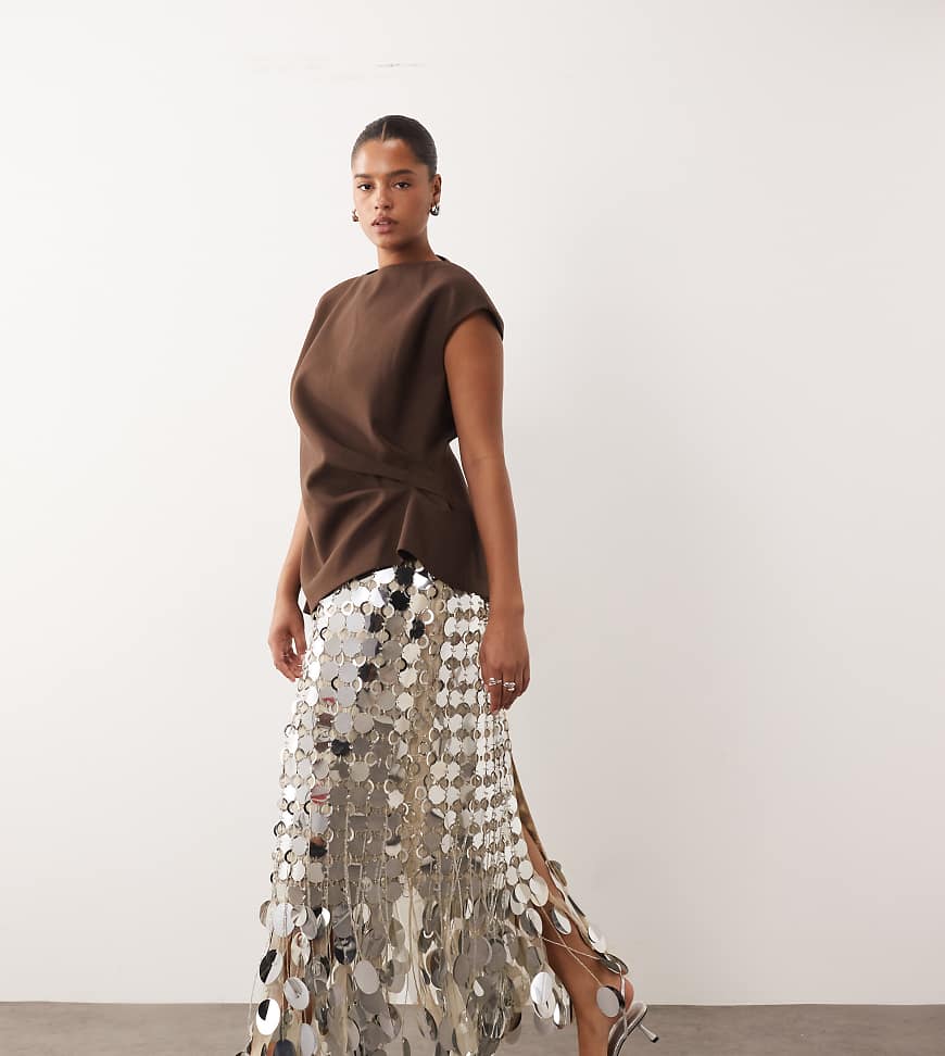 ARRANGE Curve - Futuristischer Midirock in Silber mit Paillettenbesatz und Fransensaum von ARRANGE