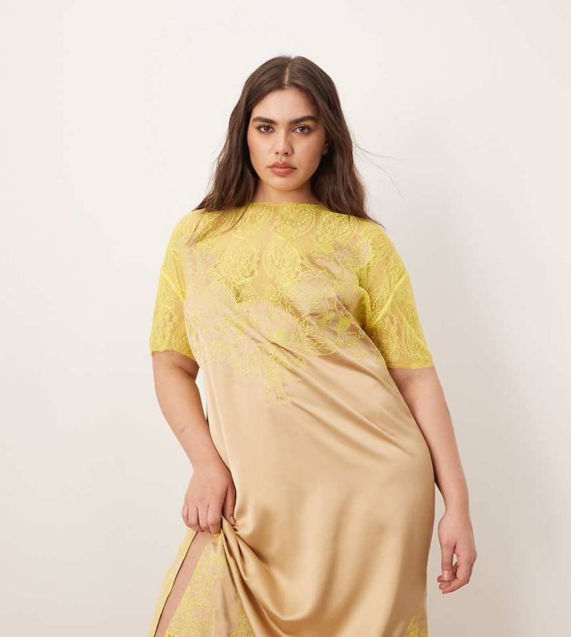 ARRANGE Curve - Gerade geschnittenes Midikleid aus Satin in Taupe und Limette mit Spitzen-Stickerei-Bunt von ARRANGE