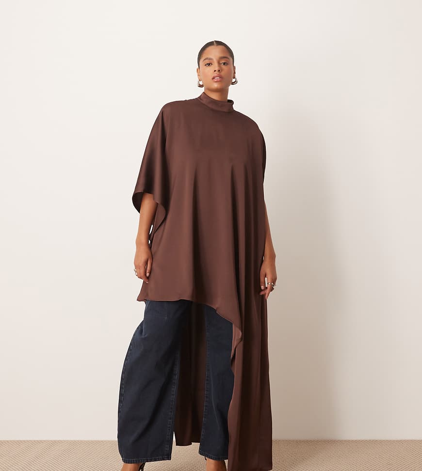 ARRANGE Curve - Hochgeschlossenes Minikleid in Schokobraun mit Cape-Ärmeln und asymmetrischem Saum-Brown von ARRANGE