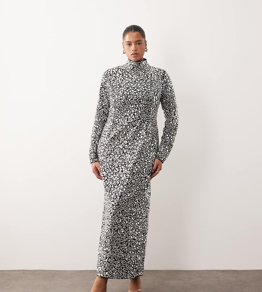 ARRANGE Curve - Langärmliges, hochgeschlossenes Maxikleid in Schwarz mit strukturierten Pailletten von ARRANGE