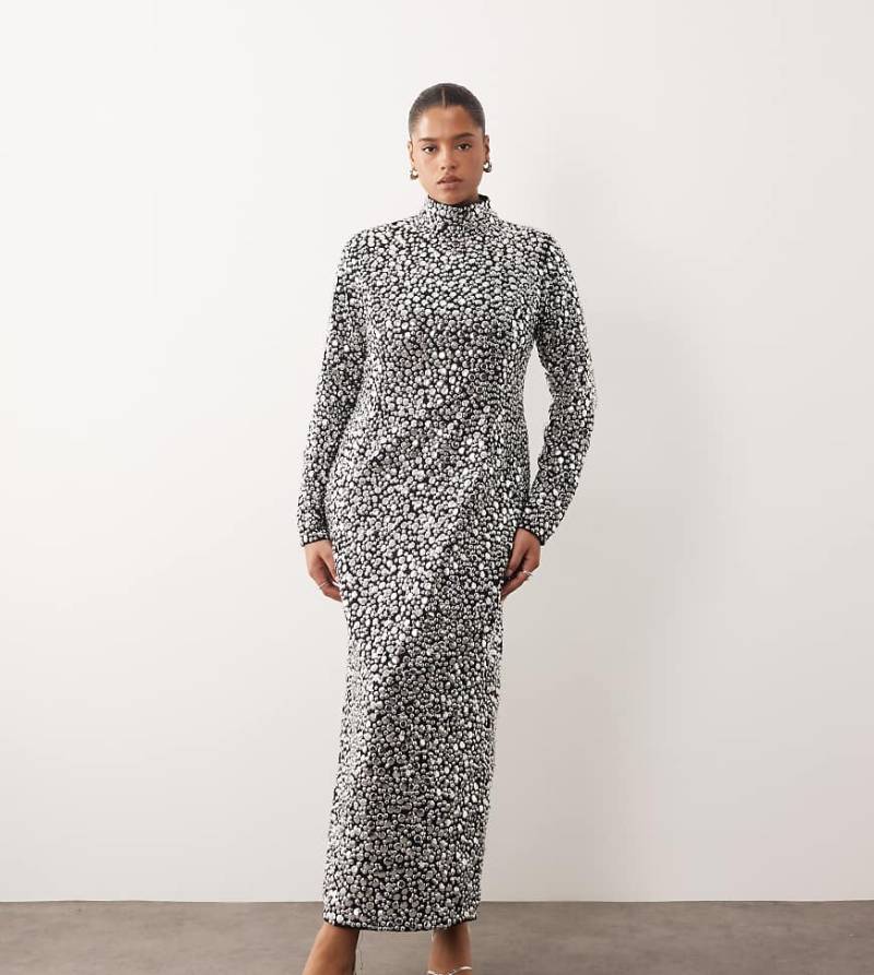 ARRANGE Curve - Langärmliges, hochgeschlossenes Maxikleid in Schwarz mit strukturierten Pailletten von ARRANGE