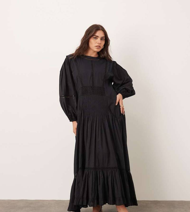 ARRANGE Curve - Maxikleid aus Baumwoll-Voile in Schwarz mit Spitzenbesatz von ARRANGE