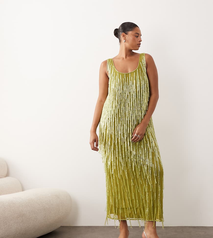 ARRANGE Curve - Maxikleid in Olivgrün mit U-Ausschnitt und perlenbesetzten Fransen von ARRANGE