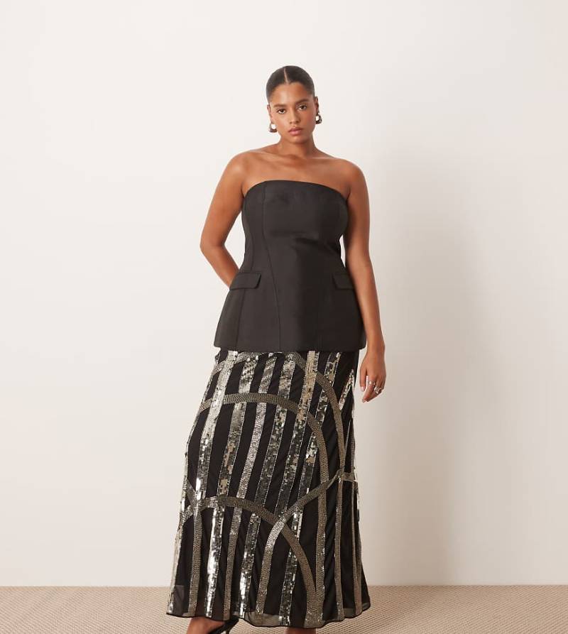 ARRANGE Curve - Maxirock in Schwarz mit linearer Art-déco-Verzierung von ARRANGE