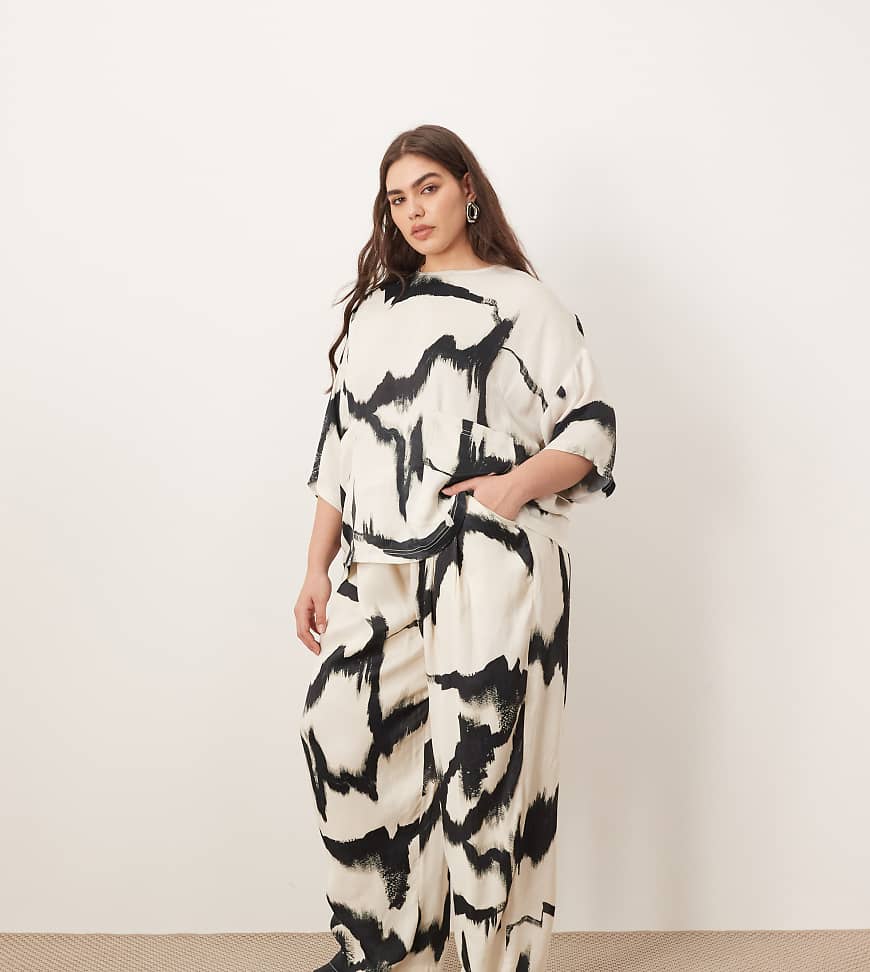 ARRANGE Curve - Satin-Hose in Schwarz-Weiß mit geradem Bein und abstraktem Print, Kombiteil-Bunt von ARRANGE