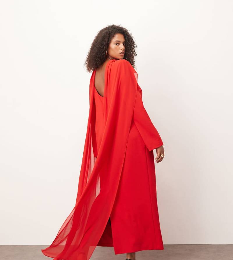 ARRANGE Curve - Strukturiertes, langärmliges Crepe-Maxikleid in Rot mit Chiffon-Overlay von ARRANGE