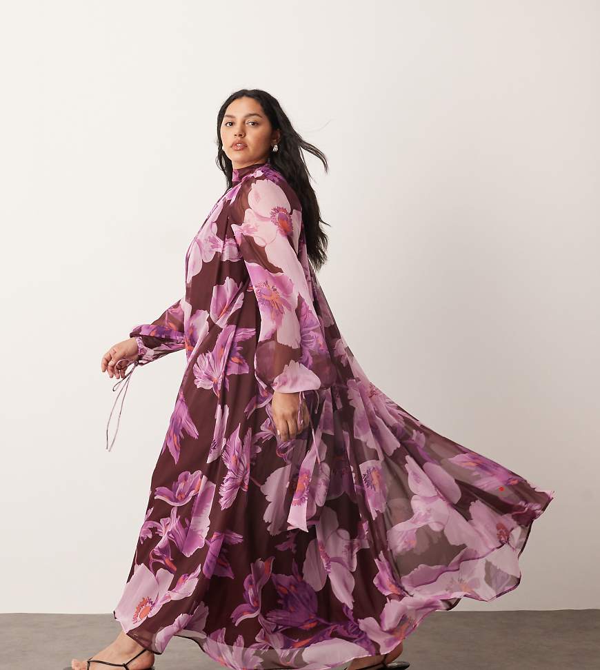 ARRANGE Curve - Trapezförmiges Maxikleid aus Chiffon in Burgunderrot mit großem Blumenmuster und Ballonärmeln-Bunt von ARRANGE