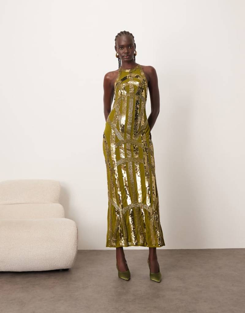 ARRANGE - Deco - Linear verziertes Maxikleid in Oliv mit Racer-Rücken-Grün von ARRANGE