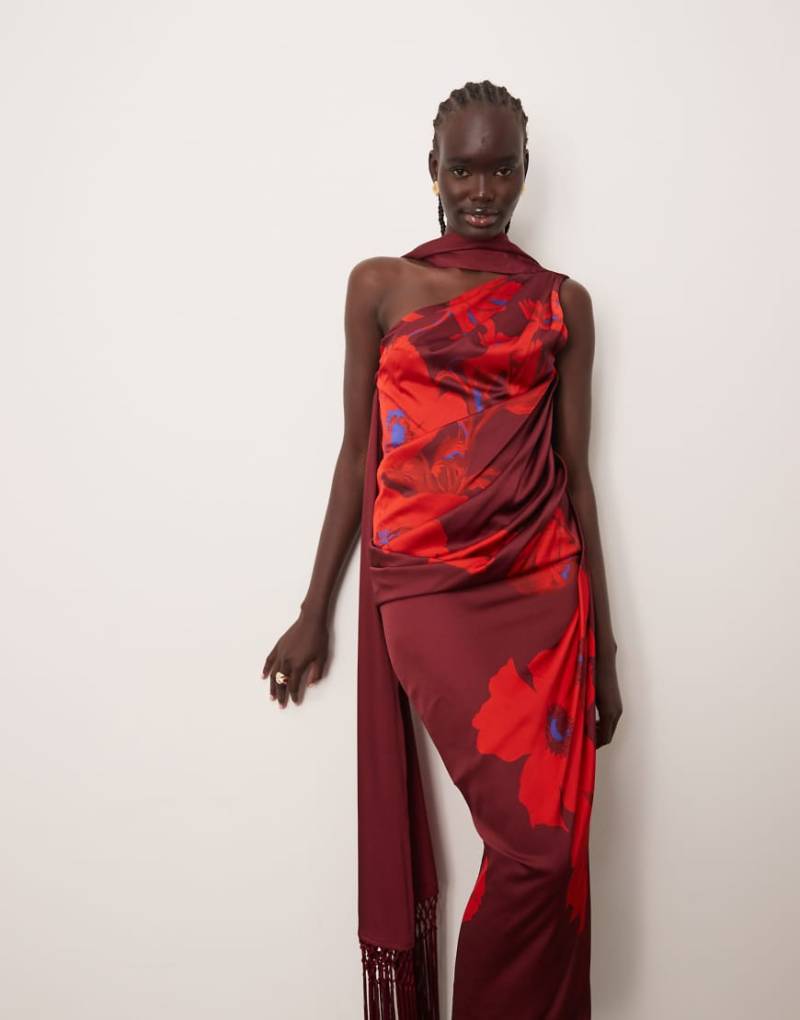 ARRANGE - Drapiertes Midikleid mit großem Blumenmuster, Schalausschnitt und tiefem Rückenausschnitt-Bunt von ARRANGE