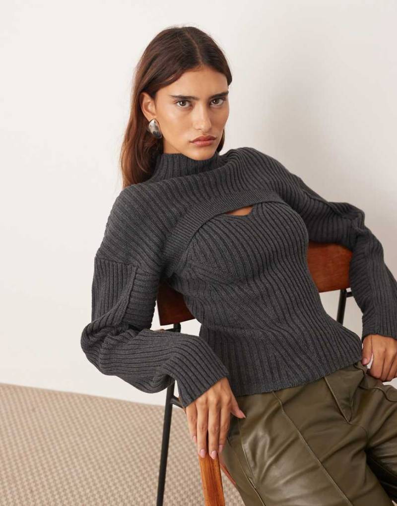 ARRANGE - Gerippter Lagenpullover aus Strick in Anthrazit mit hohem Kragen-Grau von ARRANGE