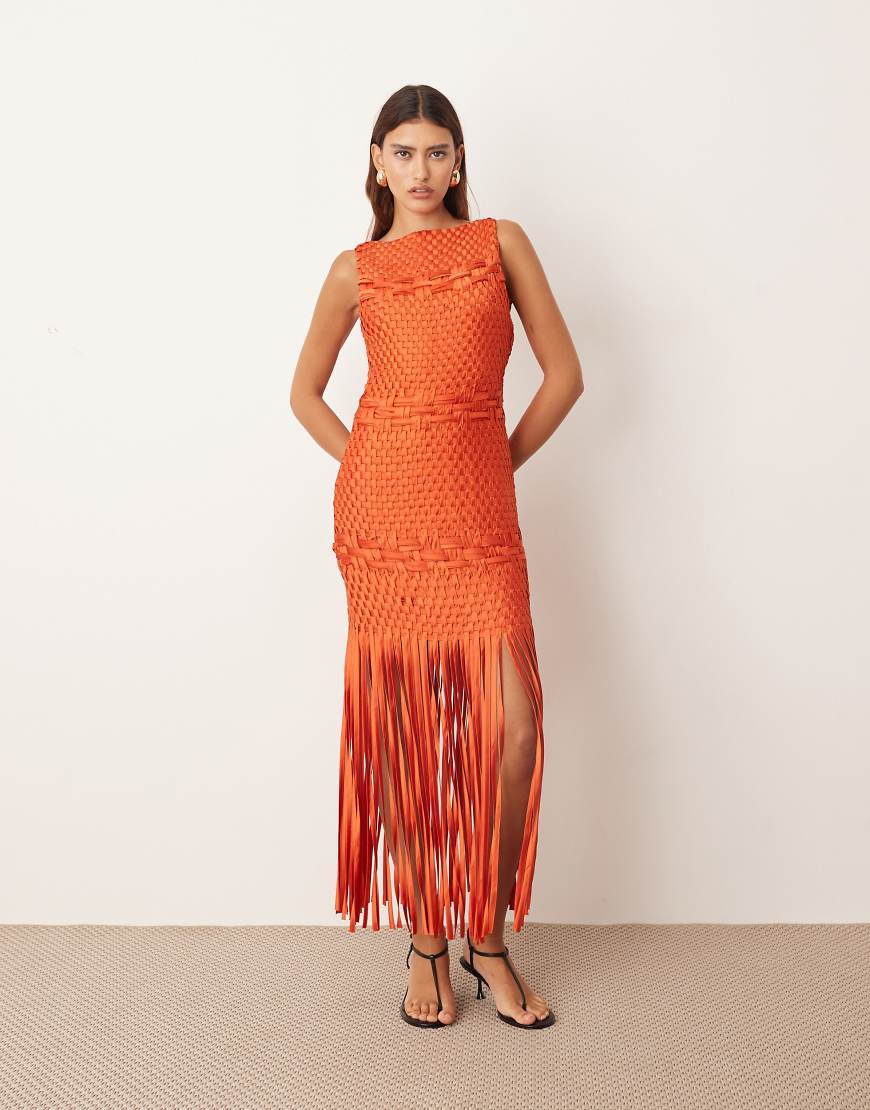 ARRANGE - Handgewebtes Midikleid in Orange mit Fransensaum und Gitterdesign-Rot von ARRANGE