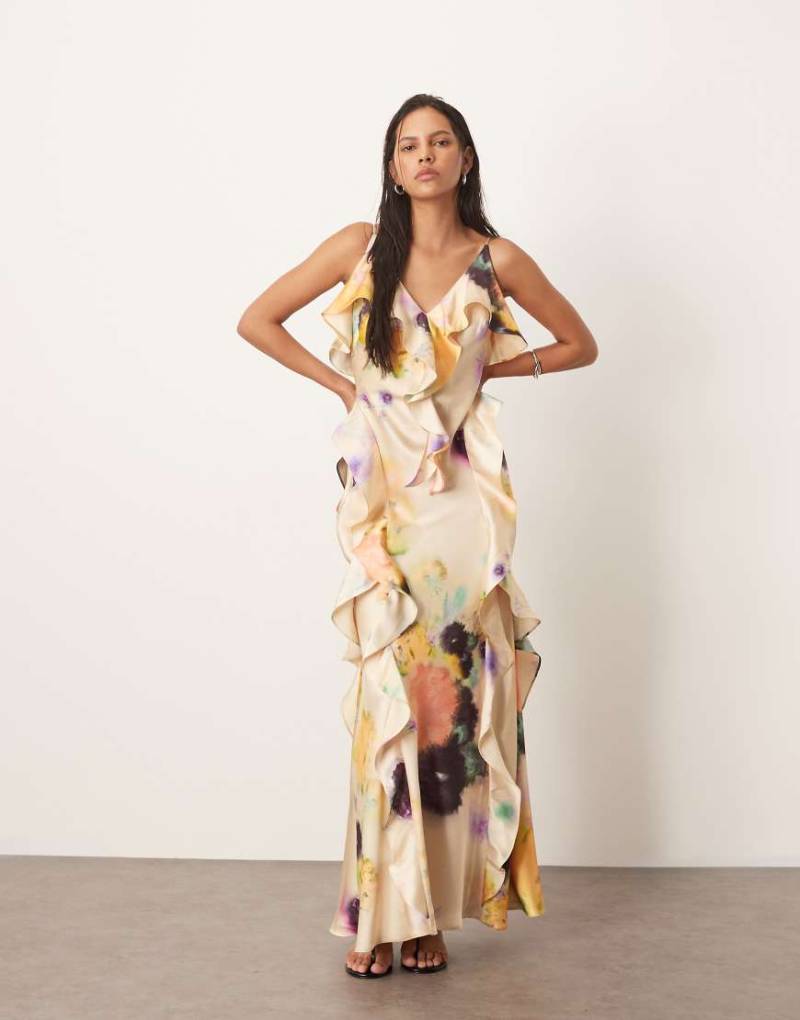 ARRANGE - Maxi-Trägerkleid mit asymmetrisch geschnittenem Rock, Blumenmuster in verschwommener Optik und Rüschen-Bunt von ARRANGE