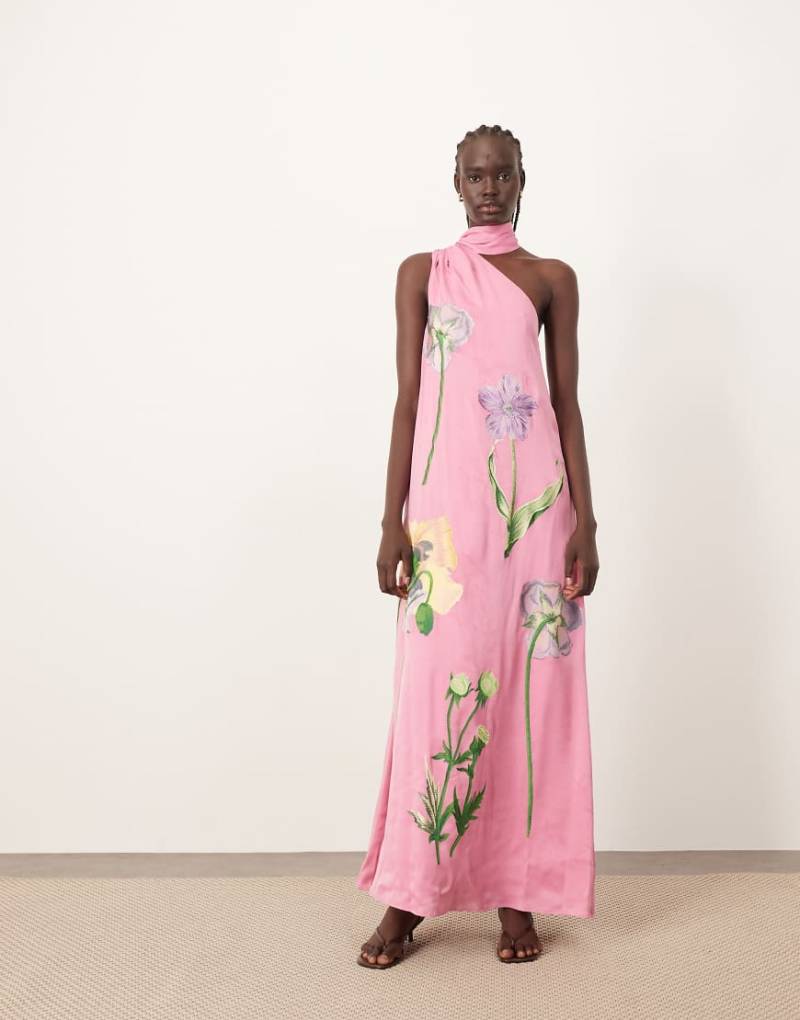 ARRANGE - Maxikleid in Rosa mit botanischem Blumenmuster, One-Shoulder-Träger und Stickerei von ARRANGE
