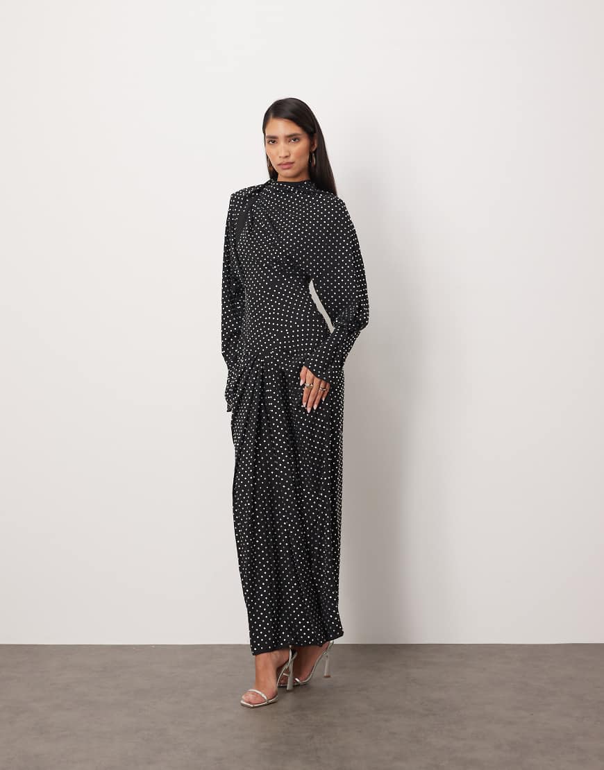 ARRANGE - Maxikleid in Schwarz mit drapiertem Ausschnitt, betonten Schultern, Rückenausschnitt und Strassverzierung von ARRANGE