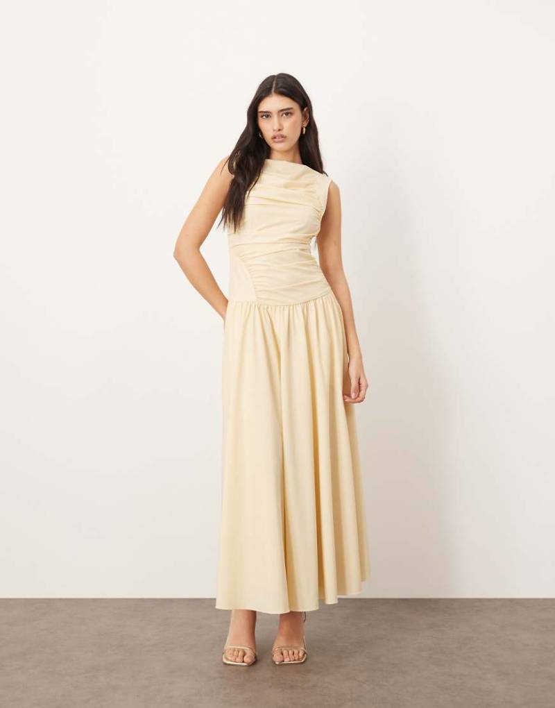 ARRANGE - Midikleid aus Popeline in Buttermilch mit Raffungen und tief angesetzter Taillennaht-Gelb von ARRANGE