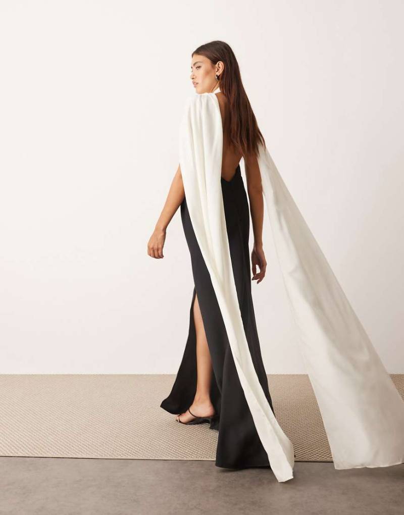 ARRANGE - Säulen-Maxikleid aus Crêpe in Schwarz mit kontrastierender Drapierung am Rücken in Weiß von ARRANGE