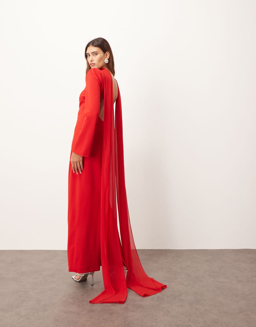 ARRANGE - Strukturiertes, langärmliges Crepe-Maxikleid in Rot mit Chiffon-Overlay von ARRANGE
