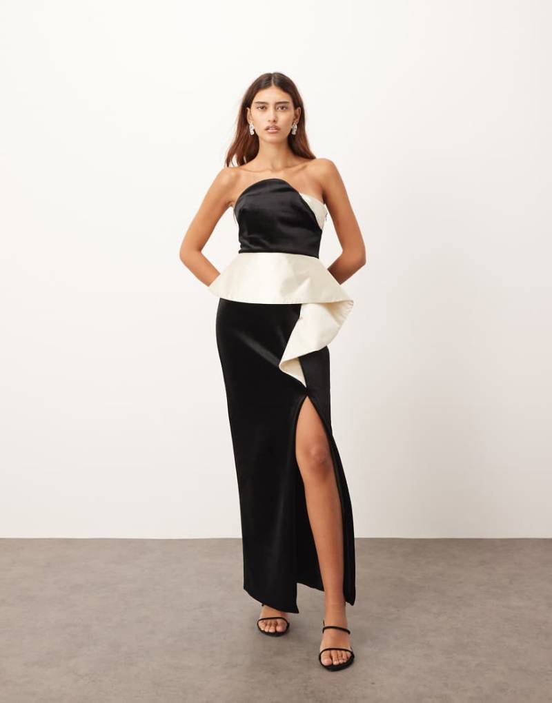 ARRANGE - Strukturiertes Samt-Midikleid in Schwarz mit gebogenem Detail, geradem Schnitt und farblich abgesetztem Satin-Schößchen von ARRANGE