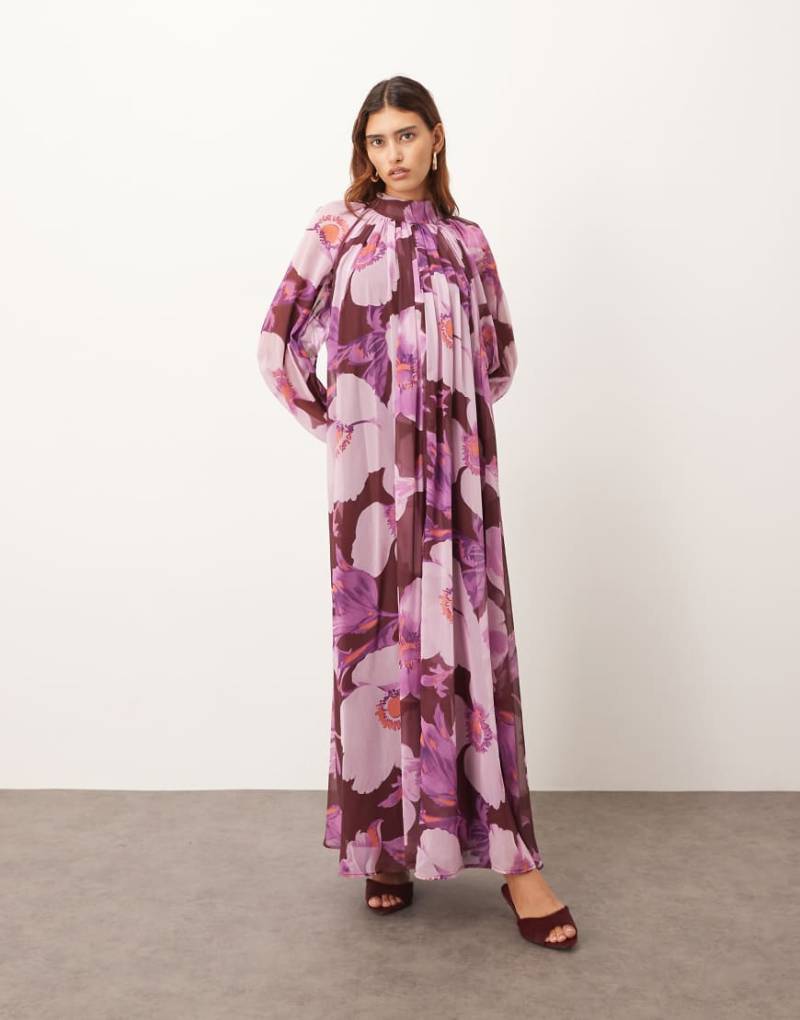 ARRANGE - Trapezförmiges Maxikleid aus Chiffon in Burgunderrot mit Blumenmuster und Ballonärmeln-Bunt von ARRANGE