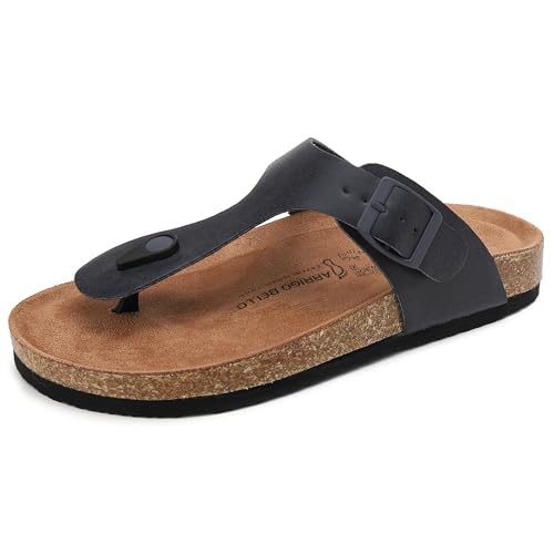 ARRIGO BELLO Damen Zehentrenner Pantoletten Natur Kork Leder Flip Flops Leicht Rutschfest Sommer Slip On Flach Sandalen Verstellbare Schnalle EU 36-46(D-Blau,38) von ARRIGO BELLO