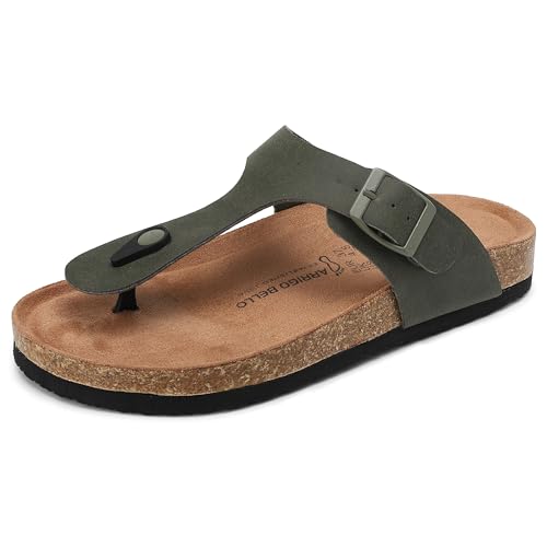 ARRIGO BELLO Damen Zehentrenner Pantoletten Natur Kork Leder Flip Flops Leicht Rutschfest Sommer Slip On Flach Sandalen Verstellbare Schnalle EU 36-46(D-Grün,39) von ARRIGO BELLO