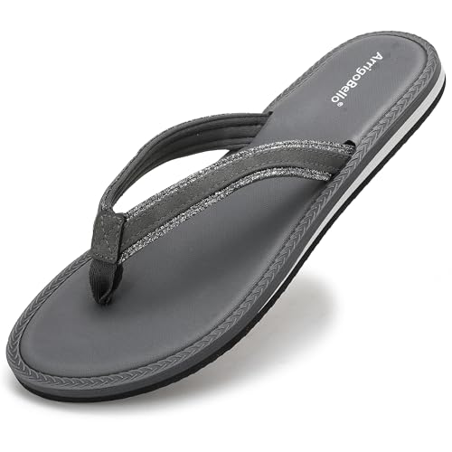 ARRIGO BELLO Flip Flops Damen Zehentrenner Sommer Bequem Sandalen Strand Glänzend Schuhband Frauen Rutschfest Badelatschen Größe 36-41 (Grau, EU 36) von ARRIGO BELLO