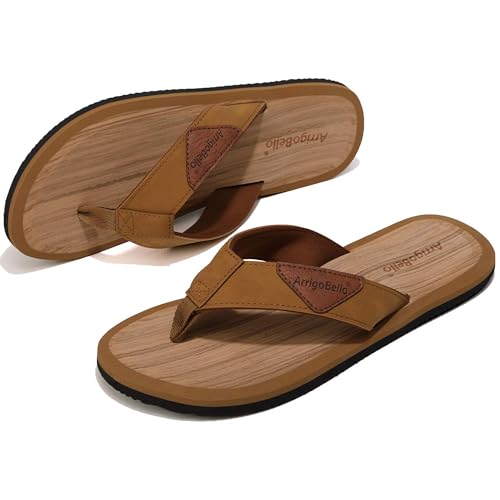 ARRIGO BELLO Flip Flops Herren Zehentrenner Leder badelatschen Sommerschuhe Rutschfest Sandalen Flipflop Größe 41-46 (B Braun, 43 EU) von ARRIGO BELLO